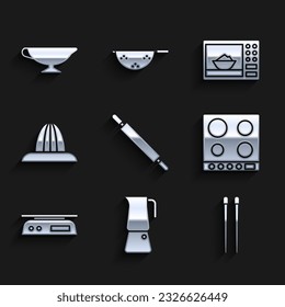Set Rolling pin, Moka pot, Food chopsticks, Gas stove, Electronic scales, Citrus fruit juicer, Microwave oven and Sauce boat icon. Vector