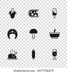 Set Rolling pin, Mortar and pestle, Wine glass, Mushroom, Ice cream, Corn, Cheese and Fish steak icon. Vector