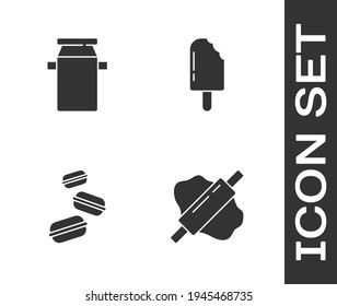 Set Rolling pin on dough, Can container for milk, Macaron cookie and Ice cream icon. Vector