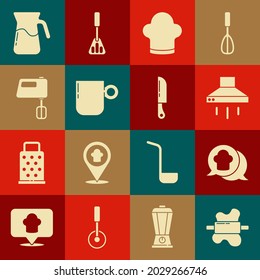 Set Rolling pin on dough, Chef hat speech bubble, Kitchen extractor fan, Coffee cup, Electric mixer, Jug glass with water and Knife icon. Vector