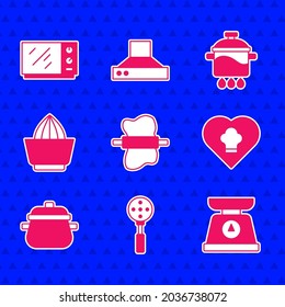 Set Rolling pin on dough, Spatula, Scales, Chef hat, Cooking pot, Citrus fruit juicer,  and Microwave oven icon. Vector