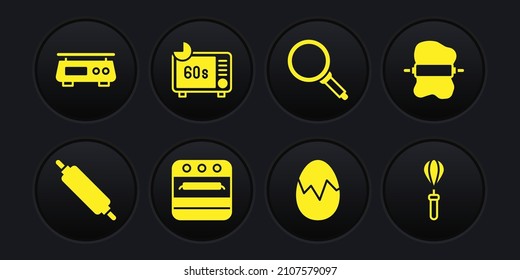Set Rolling pin, on dough, Oven, Broken egg, Frying pan, Microwave oven, Kitchen whisk and Electronic scales icon. Vector