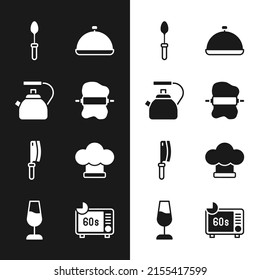 Set Rolling pin on dough, Kettle with handle, Teaspoon, Covered tray of food, Meat chopper, Chef hat, Microwave oven and Wine glass icon. Vector