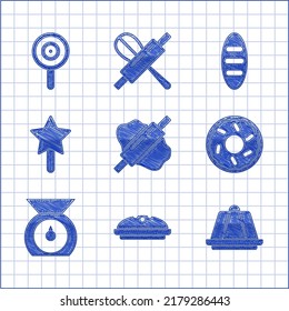 Set Rolling pin on dough, Homemade pie, Pudding custard, Donut, Scales, Lollipop, Bread loaf and  icon. Vector