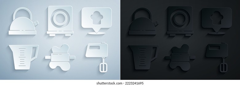 Set Rolling pin on dough, Chef hat with location, Measuring cup, Electric mixer, stove and Kettle handle icon. Vector