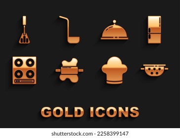 Set Rolling pin on dough, Refrigerator, Kitchen colander, Chef hat, Gas stove, Covered with tray of food, Spatula and ladle icon. Vector