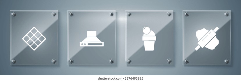 Set Rolling pin on dough, Ice cream, Kitchen extractor fan and Waffle. Square glass panels. Vector