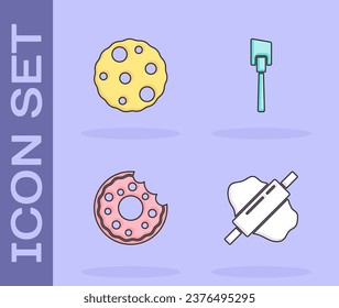 Set Rolling pin on dough, Cookie or biscuit, Donut and Spatula icon. Vector