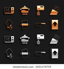 Set Rolling pin on dough, Knife, Cookbook, Saucepan, Chef hat, Electric mixer, Microwave oven and Cooking pot icon. Vector