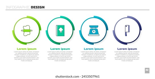 Set Rolling pin en masa, libro de cocina, básculas y picador de carne. Plantilla de infografía de negocios. Vector