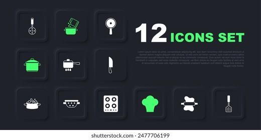 Set Rolling pin on dough, Spatula, Cooking pot fire, Chef hat, Kitchen colander, spice and Gas stove icon. Vector