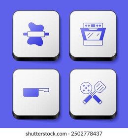 Set Rolling pin on dough, Oven, Frying pan and Spatula icon. White square button. Vector