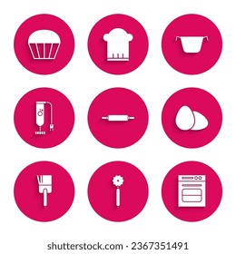 Set Rolling pin, Pizza knife, Oven, Chicken egg, Kitchen brush, Blender, Cooking pot and Muffin icon. Vector