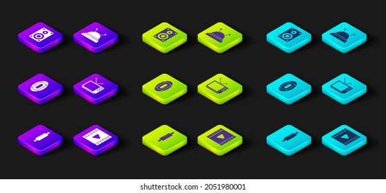 Set Rolling pin, Play Video, American Football ball, Retro tv, Needle bed and needles and Stereo speaker icon. Vector
