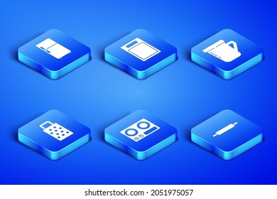Set Rolling pin, Refrigerator, Gas stove, Grater, Cutting board and Coffee cup icon. Vector