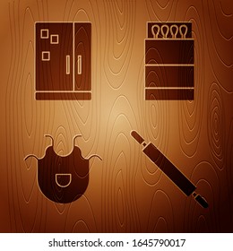 Set Rolling pin, Refrigerator, Kitchen apron and Open matchbox and matches on wooden background. Vector