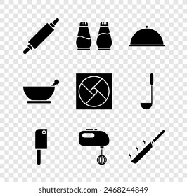 Set Nudelholz, Salz und Pfeffer, Mit Tablett bedeckt, Fleischhäcksler, Elektrischer Mischer, Bratpfanne, Mörtelpistill und Lüftungssymbol. Vektorgrafik
