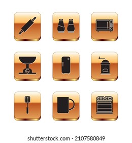 Set Rolling pin, Spatula, Coffee cup, Refrigerator, Electronic scales, Microwave oven, Oven and Salt and pepper icon. Vector