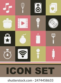Set Rolling pin, Spatula, Vinyl disk, Stereo speaker, Play Video, Cooking pot, Music note, tone and Microphone icon. Vector