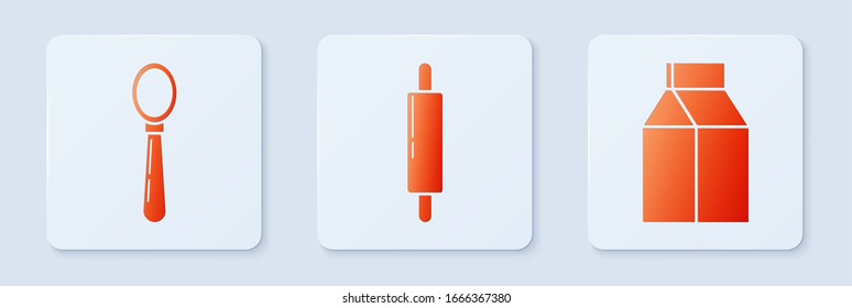 Set Rolling Pin , Spoon  And Paper Package For Milk . White Square Button. Vector