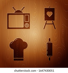 Set Rolling-Pin, Fernseher, Kochmütze und Holzofen oder Malerplatten auf Holzhintergrund. Vektorillustration