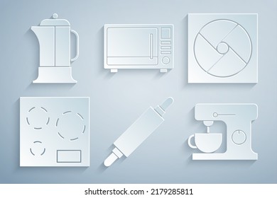 Ajuste el pasador de rodadura, la ventilación, la estufa eléctrica, el mezclador, el horno de microondas y el icono de prensa francés. Vector