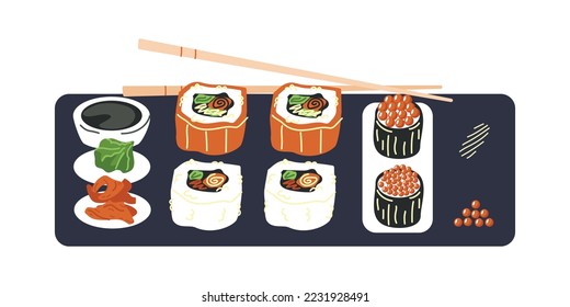 A set of rolls from Japan on a white background. Asian food. Vector illustration for restaurants, menus, decor