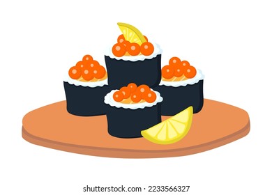 Set of rolls with red caviar and lemon. vector illustration