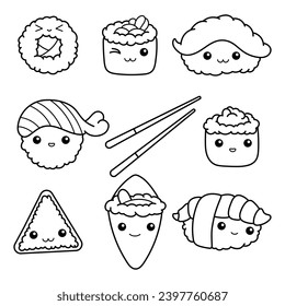 Set with rolls and sushi. Cute kawaii characters. Coloring book. Black and white vector illustration.