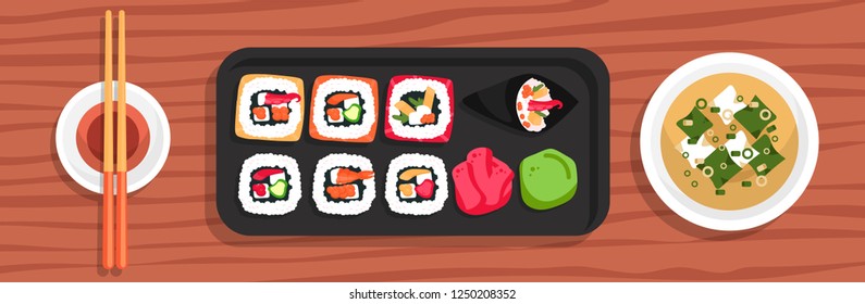 Set rolls. Table on which there is a set of rolls and sushi. Top view. Healthy diet food. Seafood dishes. Traditional Asian cuisine. Flat cartoon vector illustration