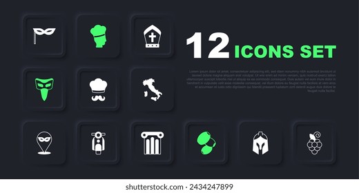 Set Roman army helmet, Grape fruit, Italian cook, Olives, Carnival mask, Scooter,  and Ancient column icon. Vector