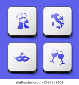 Set Roman army helmet, Map of Italy, Carnival mask and Wine glass icon. White square button. Vector