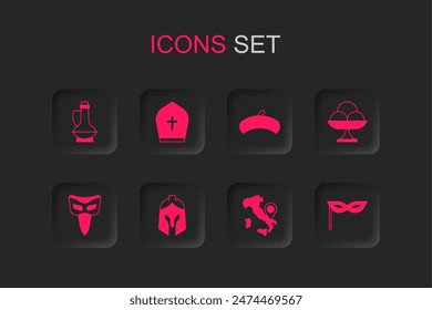 Set Roman army helmet, Pope hat, Bottle of olive oil, Map Italy, Ice cream in the bowl, Carnival mask, French beret and  icon. Vector