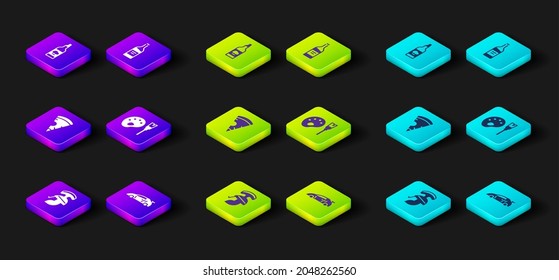 Set Roman army helmet, Sport racing car, Slice of pizza, Paint brush with palette, Bottle wine and olive oil icon. Vector