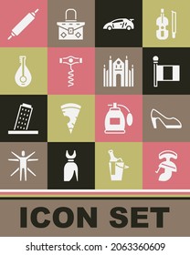 Set Roman army helmet, Woman shoe, Flag Italy, Sport racing car, Wine corkscrew, Mandolin, Rolling pin and Milan Cathedral icon. Vector
