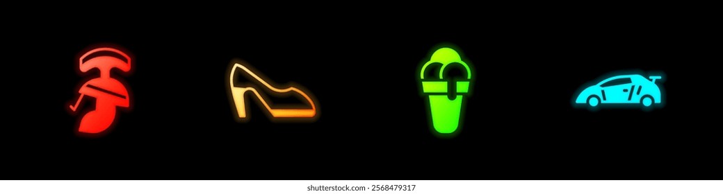 Set Roman army helmet, Woman shoe, Ice cream and Sport racing car icon. Vector