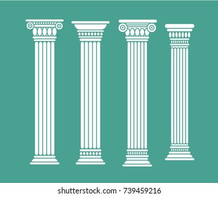 Set of roman and greek classic columns. Ancient. Vector illustration, isolated. White color on blue background