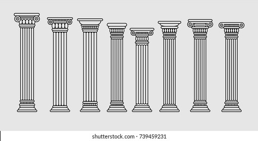 Set Of Roman And Greek Stylized Classic Columns. Ancient. Black Color Contour. Vector Illustration, Isolated.