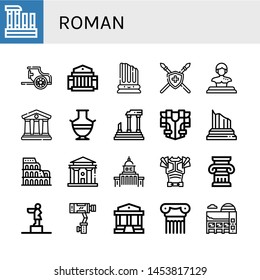 Set of roman icons such as Evora, Chariot, Museum, Column, Spear, Statue, Courthouse, Greek vase, Parthenon, Armour, Coliseum, Government, Armor, Stabilizer , roman