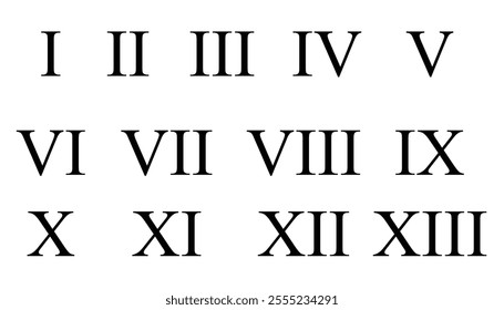 Set of roman numbers isolated on white background. roman numerals icon set. numbers from one to thirteen. ancient number font