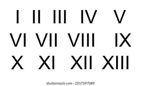 Set of roman numbers isolated on white background. numbers from one to thirteen. ancient number font. roman numerals set