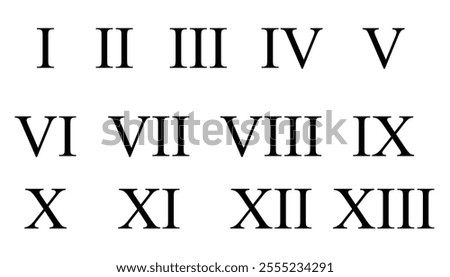 Set of roman numbers isolated on white background. roman numerals icon set. numbers from one to thirteen. ancient number font