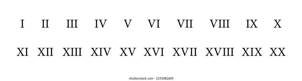 Set of roman numerals, from 1 to 20. Vector isolated on white background.