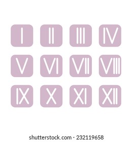 Set Roman numerals 1-12 icon. 12 square colored buttons. vector