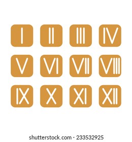 Set Roman numerals 1-12 icon. 12 square colored buttons. vector