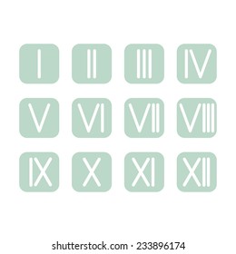 Set Roman numerals 1-12 icon. 12 square colored buttons. vector