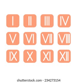 Set Roman numerals 1-12 icon. 12 square colored buttons. vector