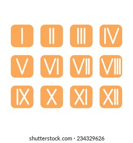 Set Roman numerals 1-12 icon. 12 square colored buttons. vector