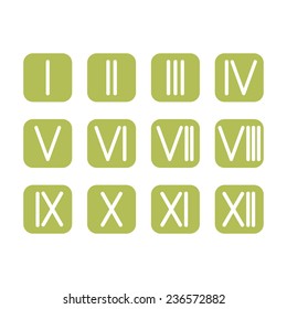 Set Roman numerals 1-12 icon. 12 square colored buttons. vector