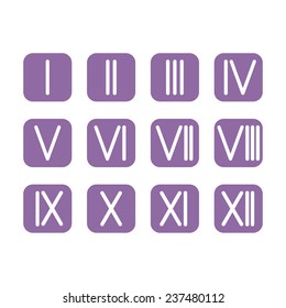 Set Roman numerals 1-12 icon. 12 square colored buttons. vector